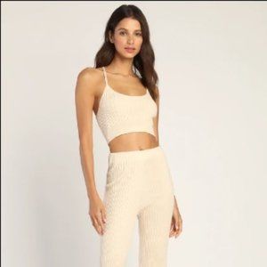 Lulus Two Piece ‘Lounge Language’ Ribbed Beige Lounge Set